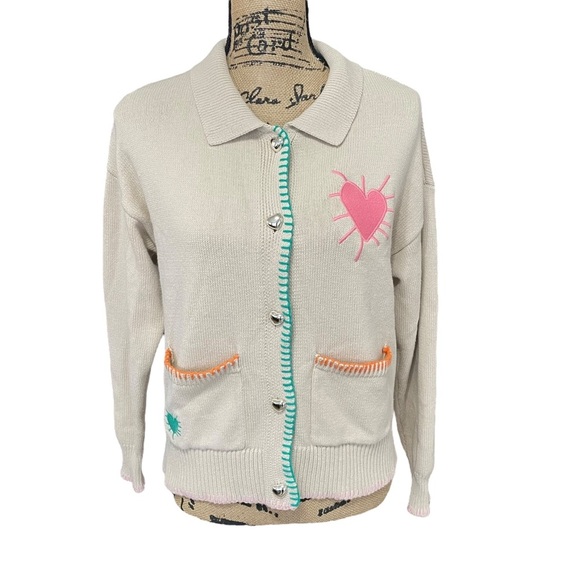 XOKR Kerri Rosenthal Cardigan Sweater Heart Smiles Embroidered Beige Size Small - Picture 1 of 10